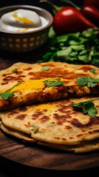 A close-up of two tacos with melted cheese, a variety of vegetables and spices. The flatbread is garnished with fresh herbs, salsa and chili peppers.