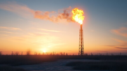 Obraz premium A photorealistic image of a flare stack burning brightly against a clear sky, with visible safety zone barriers in the foreground.