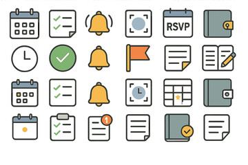 Icons collection representing schedule management, event planning, and reminders for efficient organization
