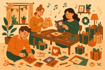 Fototapeta premium Creative crafting session with friends making gifts and cards during a cozy indoor afternoon