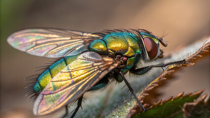 A metallic green fly rests on a leaf, showcasing its iridescent wings and intricate details in a stunning macro shot