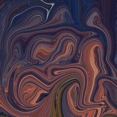 Deep earthy-toned abstract fluid swirl with rich brown, navy, and copper hues, evoking movement and depth for creative design or artistic backgrounds.
