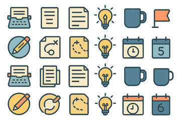 Creative workspace with icons representing writing, planning, and brainstorming tasks displayed on a digital canvas