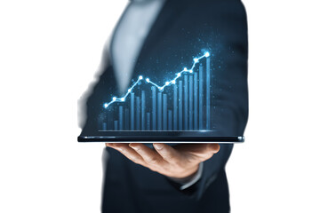 Hand holding tablet showing upward business graph.