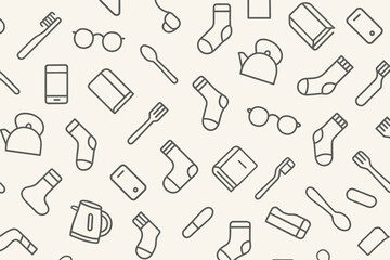 Fototapeta premium Collection of outlined everyday items on a light background arranged in a random pattern