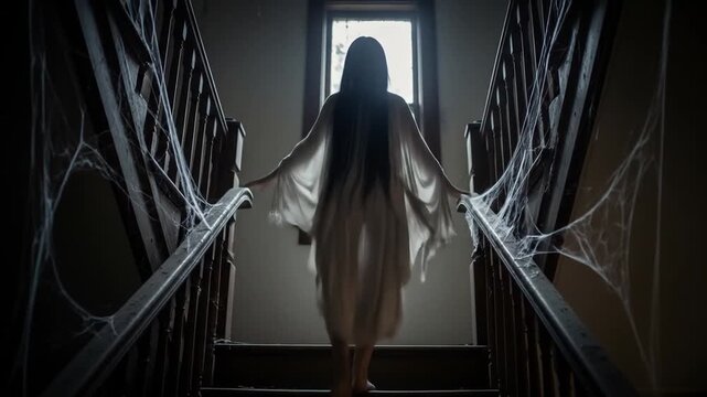 Eerie Ghostly Woman in White Dress Descending Dark Wooden Stairs with Cobwebs in a Haunted House With Shadow and Silhouette