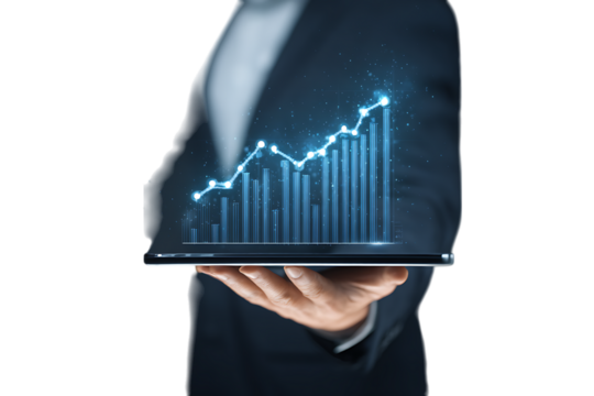 Hand holding tablet showing upward business graph.