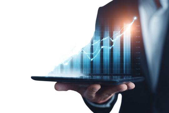 Hand holding tablet displaying upward business growth chart.