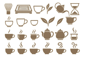 Variety of tea and coffee accessories featuring teapots, cups, and brewing tools in a minimalistic style
