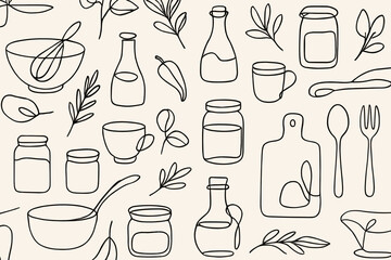 Line drawing of kitchen utensils, herbs, and condiments on a light background, ideal for culinary design projects