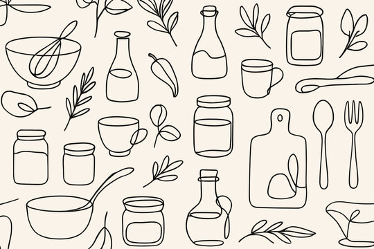 Line drawing of kitchen utensils, herbs, and condiments on a light background, ideal for culinary design projects