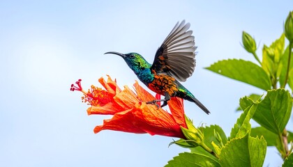 Fototapeta premium Magnificent sunbird gathering nectar from a vibrant hibiscus flower in flight