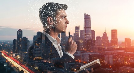 Man with futuristic digital overlay gazes over cityscape