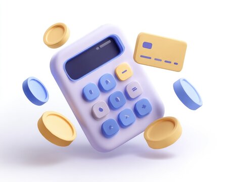 Light purple calculator, gold and blue coins, and a gold credit card hover against a white background.  3D illustration