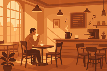 Cozy cafe setting with a man enjoying coffee during the late afternoon