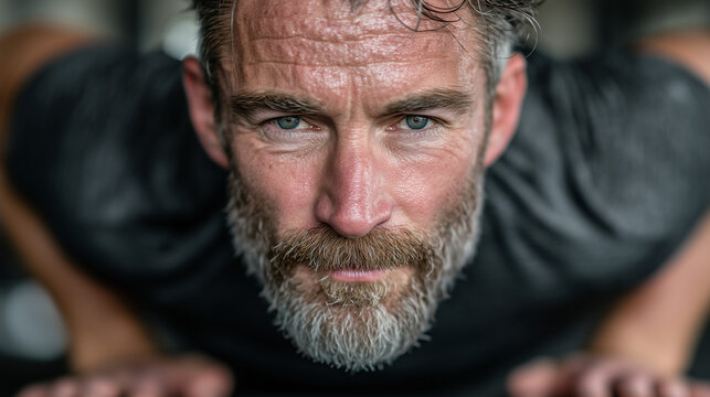 Middle-aged man doing plank exercise in gym with focused expression  