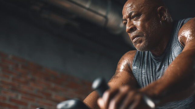 Middle-aged black man exercising vigorously on stationary bike indoors  
