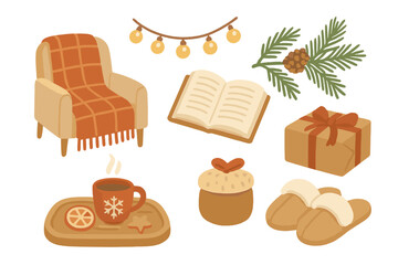 Cozy winter home decor with warm drinks, gifts, and comfort items for a relaxing atmosphere