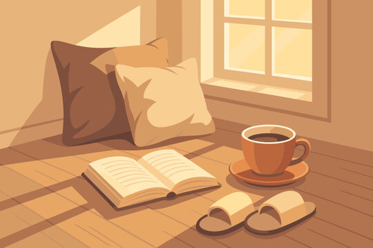 Cozy reading nook with warm sunlight, a book, a cup of coffee, and relaxing slippers