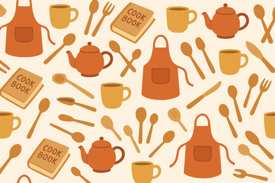 Kitchen utensils and cookbooks create a cozy cooking theme for culinary enthusiasts in a warm color palette