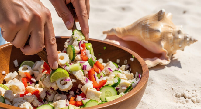 Authentic Haitian Lambi Salad (Traditional Conch Salad) - Fresh Tropical Seafood Dish, Cultural Cuisine, Editorial Food Photography