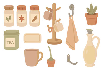 Kitchen items showcasing a cozy and organized cooking space with various containers and utensils