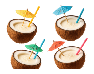 Four halved coconuts filled with creamy drinks, each featuring a colorful paper umbrella and straw on transparent background.