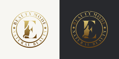 Elegant letter E logo featuring a woman's face silhouette in a gold gradient circular badge design. Ideal for beauty, fashion, skincare, and luxury branding.