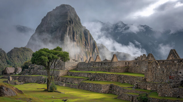 Machu Picchu ruins with low clouds and morning light