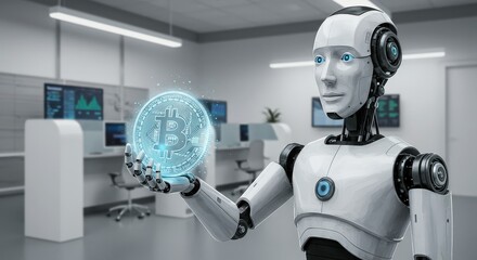 Naklejka premium Robot holds a glowing digital coin in an office setting