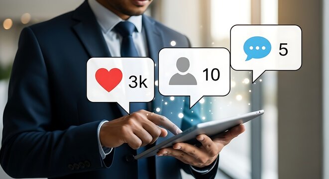 Businessman interacting with social media notifications on a tablet - Powered by Adobe