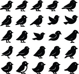 Black birds in various poses silhouette flying