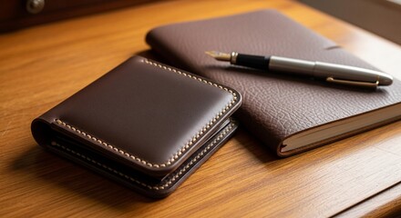 Luxurious Leather Wallet and Journal with Fountain Pen on Wooden Surface