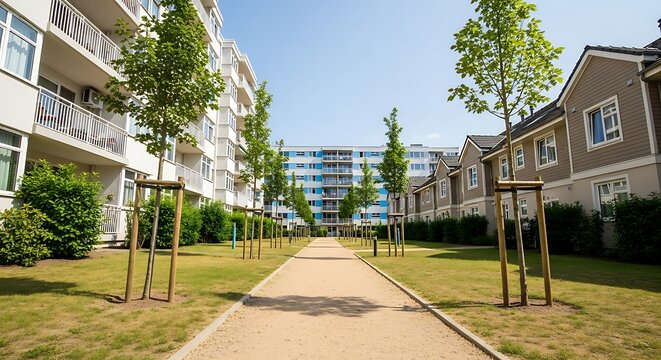 Modern apartment buildings with a tree lined pathway - Powered by Adobe