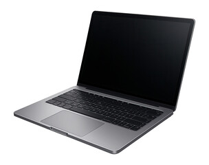 Open silver laptop with a black screen and keyboard displayed at an angle on transparent background.