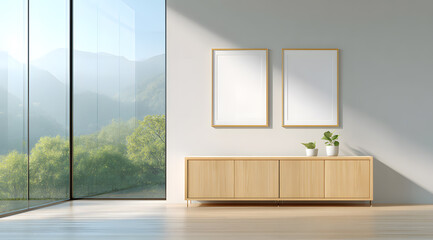 Fototapeta premium empty room with French window and picture frames