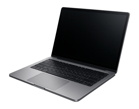 Open silver laptop with a black screen and keyboard displayed at an angle on transparent background.