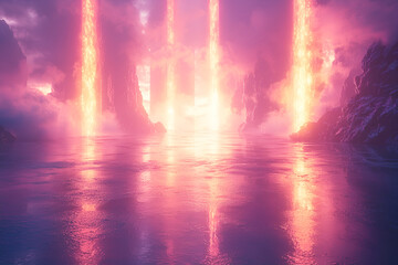 Fiery volcanic columns erupt into a twilight sky, reflecting on a still, icy lake.