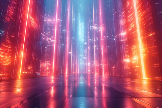A futuristic digital cityscape corridor illuminated by towering vertical beams of red and blue neon light reflecting on a glossy floor.