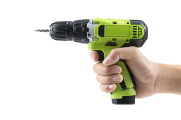 Hand holding a lime green cordless drill.