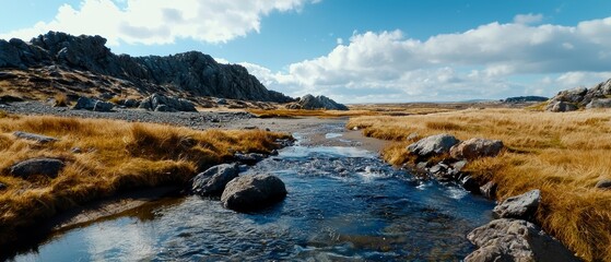 Fototapeta premium Serene Stream Flowing Through Rocky Landscape