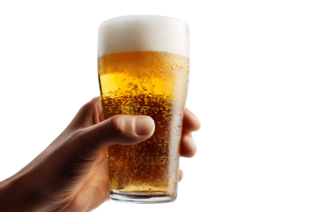 Hand holding a pint of cold, refreshing beer.