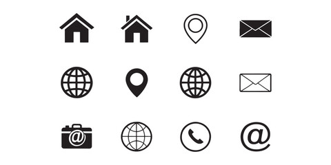 Business card icon set. Contact Us design template. Editable stroke sign pack. Contains icons - name, phone, location, website, address, mail, email, office, mobile, and chat symbol.