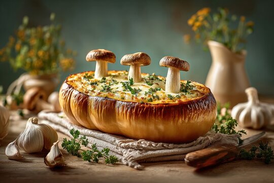 Mouthwatering mushroom casserole rustic kitchen food photography warm ambiance close-up culinary delight