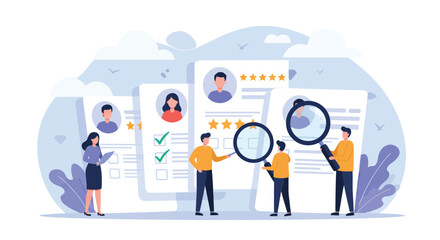 Recruitment and Candidate Selection Process Illustration - HR Team Reviewing Profiles