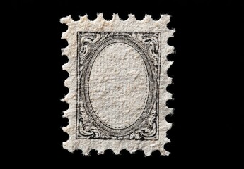 Close-up of a vintage postage stamp.  A cream-colored, rectangular stamp with a dark-gray oval frame, intricate border design, and perforations.  The stamp's surface is slightly textured