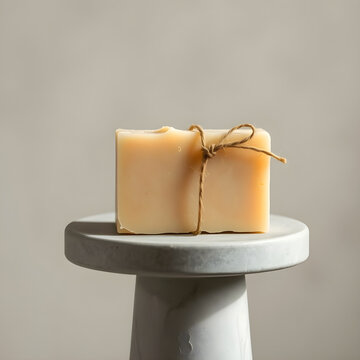 A bottle of Izzy bar soap tied with a string on a gray table