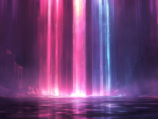 A magical waterfall of vibrant pink, purple, and blue light cascading onto a reflective, misty surface.
