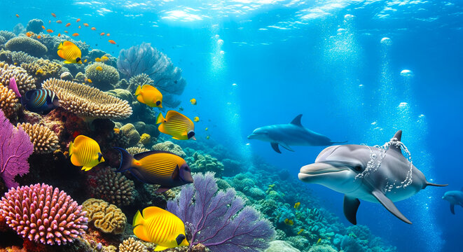 Wonderful underwater world of a coral reef with two dolphins and various colorful coral fish. Sunlight streams down from the water's surface. AI-Generated