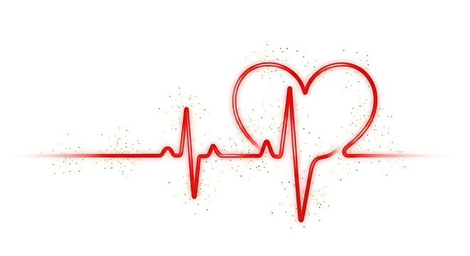 A red heart rate line with a heart shape at the end on a white background with small sparkles around it
